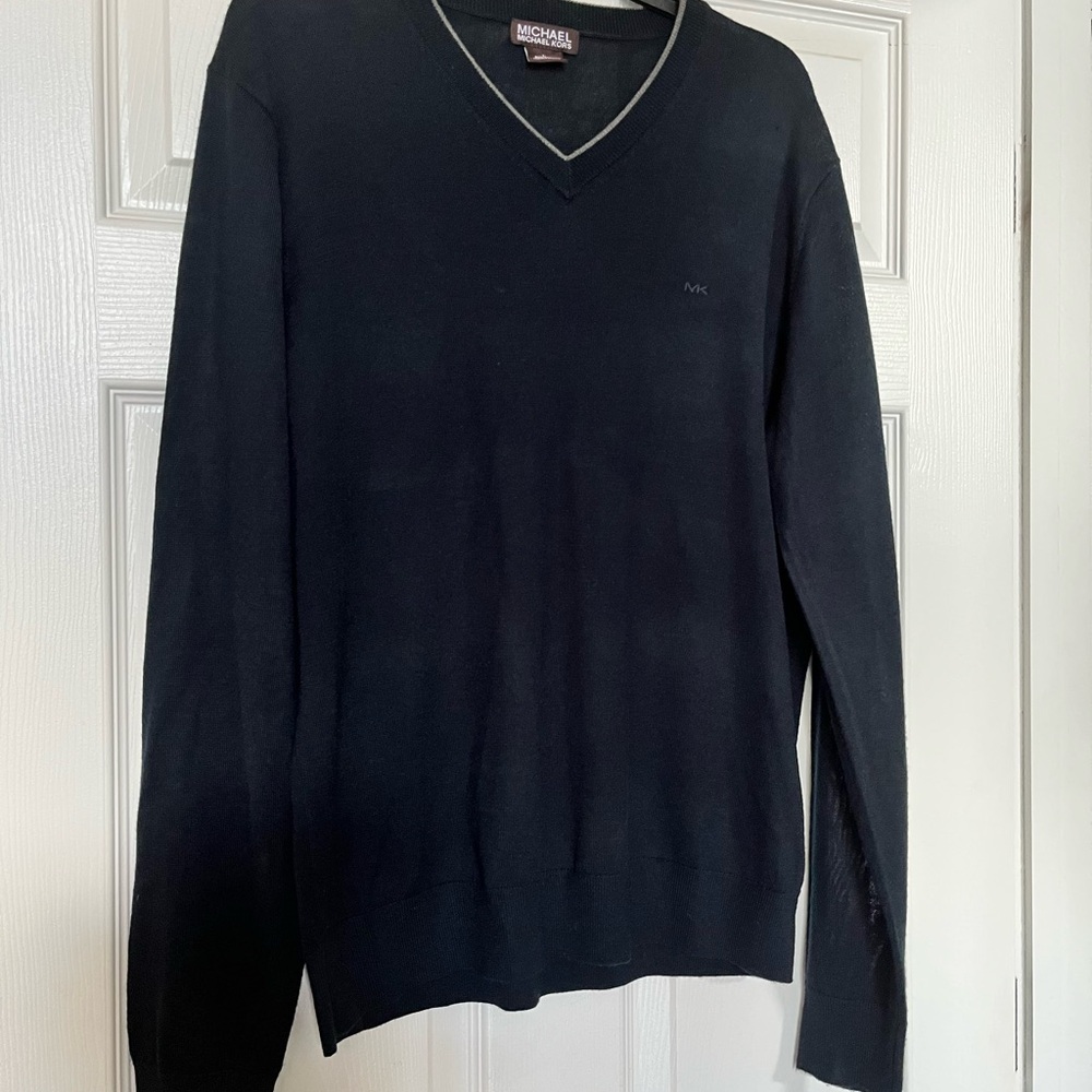 Michael Kors Men's Navy Blue V-Neck Sweater with Gray Trim
